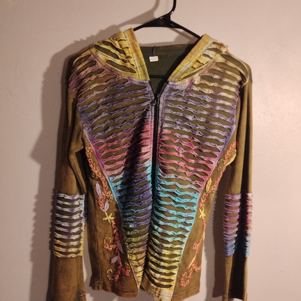 Unbranded Zip Up Hoodie, Women L Olive Green Tie Dye Distressed Embroidered